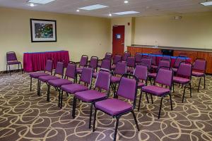 胡伯高地德顿/胡伯高地汉普顿酒店的一间会议室,配有紫色椅子和讲台