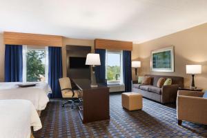 坎普泉温泉露营汉普顿酒店及套房的配有一张床和一张书桌的酒店客房