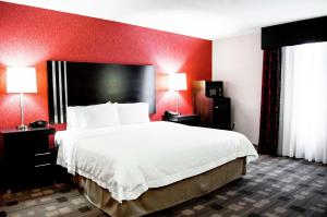 里士满里士满葛兰赛德汉普顿套房酒店的酒店客房,设有一张红色墙壁的大床