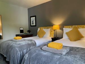 斯佩河畔格兰敦Ardenbeg的配有黄色枕头的酒店客房的两张床