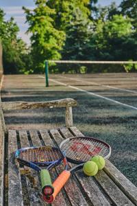 MinchinhamptonLammas Retreat in Minchinhampton的两把网球拍和板凳上的网球