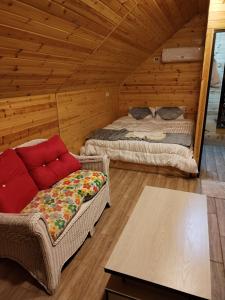 杰拉什Widian al-sham huts的小屋内带两张床和一张沙发的房间