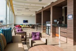 布卡拉曼加希尔顿布卡拉曼加汉普顿酒店的一个带紫色椅子和桌子及窗户的沙龙