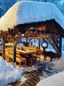 Arâches-la-FrasseChalet de Creytoral的雪覆盖的凉亭,配有桌子和长椅