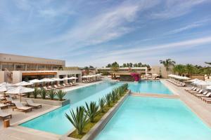 帕拉卡斯The Legend Paracas Resort的酒店游泳池设有躺椅和遮阳伞