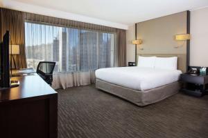 圣地亚哥圣地亚哥 - 比塔库拉希尔顿逸林酒店的酒店客房设有一张床和一个大窗户