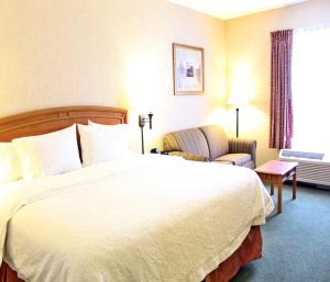 萨尔蒂约希尔顿萨尔蒂约佐娜机场汉普顿酒店的酒店客房带一张大床和一把椅子