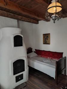 TălişoaraRauber Baron Cottage-Traditional Comfort House的一间卧室配有一张床和一个壁炉