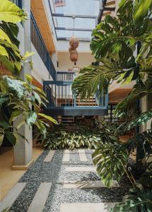 贾丁Hotel Plantación的建筑里种有植物和楼梯的走廊