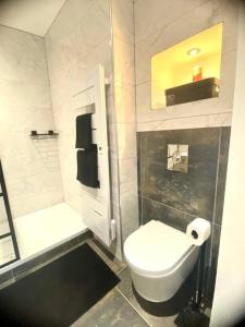 卢尔德*Superbe appartement moderne*的白色的浴室设有卫生间和淋浴。