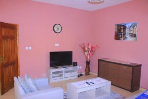 利伯维尔Le beau séjour - Maison meublée 3 pièces的客厅设有粉红色的墙壁和电视