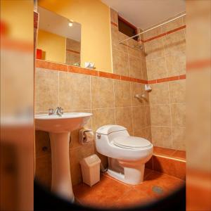奥兰太坦波Inka's Haven Hotel的一间带卫生间和水槽的浴室