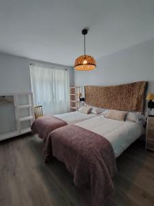 阿尔苏阿Casa Luis的一间卧室配有两张床和吊灯。