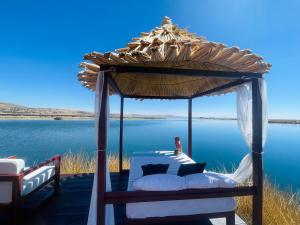 普诺Titicaca Ecolodge Perú的水体旁凉亭下的一张床位