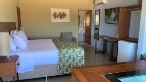 乌鲁奥CHEZ TUPÃ SUÍTES的配有一张床和一张书桌的酒店客房