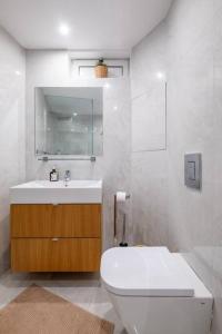 索非亚Stunning Luxury 3 Bedroom Apt in the Heart of Town的一间带卫生间、水槽和镜子的浴室