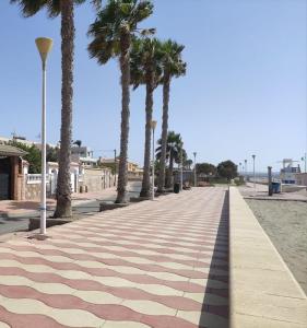 La Cañada de San UrbanoCasa Costacabana Mar的海滩上种有棕榈树的海滨步道