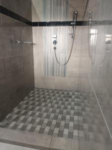 KingsboroughLotus Accommodation的带淋浴的浴室(铺有 ⁇ 格地板)