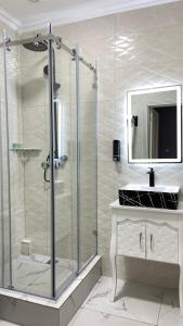 阿拉木图Khan Plaza的带淋浴、水槽和镜子的浴室