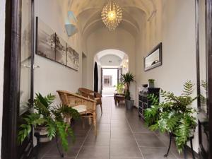 滨海托萨地中海旅馆的走廊上设有盆栽和吊灯