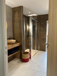 SolesmesSol'm Lodges的一间带水槽和玻璃淋浴的浴室