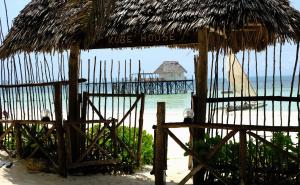 江比阿科比住宿加早餐旅馆的海滩上的小屋,水中有一个码头