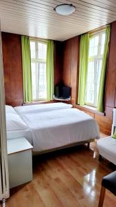 伯尔尼奈德克酒店的一间卧室配有一张带绿色窗帘的大床