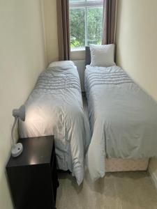 利兹Bethel Apartments的带窗户的客房内的两张床