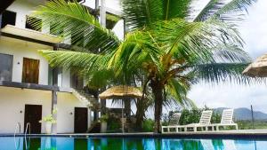 锡吉里亚WILD FORTRESS HOTEL Sigiriya的一座带游泳池的建筑前的棕榈树