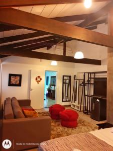 布卢梅瑙Espaço Herlang的客厅配有棕色沙发和红色椅子