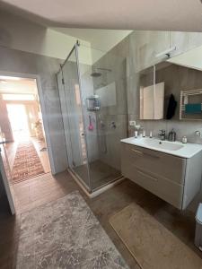 培拉特Bujtina cela的带淋浴、水槽和玻璃淋浴间的浴室