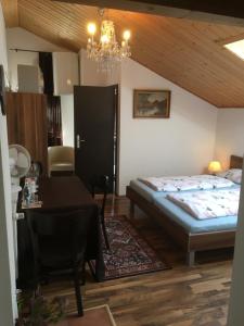 帕绍Pension Zur Freiheit的一间卧室配有一张床、一张桌子和一个吊灯。