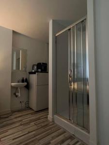 埃因霍温Room 101 - Eindhoven的一间带玻璃淋浴和水槽的浴室