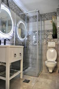 弗尔尼亚奇卡矿泉镇Apartman Ljubica的带淋浴、卫生间和盥洗盆的浴室