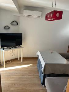 格拉纳达Bonito apartamento en Granada (zona palacio congresos y metro)的客厅配有电视、床和桌子