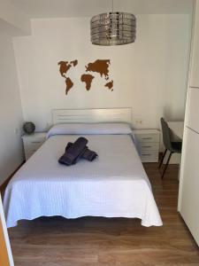 格拉纳达Bonito apartamento en Granada (zona palacio congresos y metro)的卧室配有一张白色床,墙上挂有地图