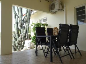 努尔德Pura Vida Aruba appartement Cama的仙人掌前的一张桌子和四把黑色椅子