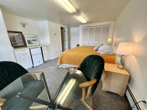 科迪亚克The State Room - Cliffside, Ocean Views的一间小卧室,配有一张床和两把椅子