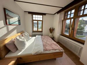 SchöftlandGemütliches Doppelbett-Zimmer in Schöftland的一间带一张大床的卧室,位于带窗户的房间内