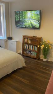 贝克斯希尔Bexhill Stunning 2 bedroom Sea Front Bungalow的卧室配有一张床和壁挂式平面电视。