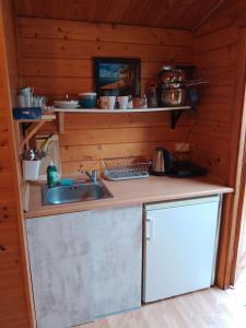 梅尔诺Domki letniskowe Przyczepy kempingowe Zacisze Mielno的小木屋内的厨房设有水槽