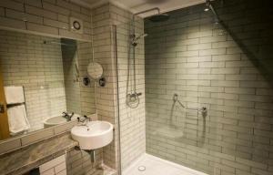 哈利法克斯The New Hobbit Hotel Rooms的一间带水槽和淋浴的浴室