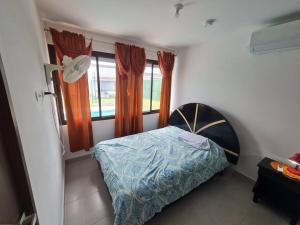Tropical Oasis, Verano Inolvidable!的一间卧室设有一张床和两个窗户。