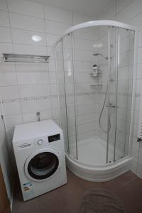 茹帕尼亚Apartments Peric Županja的带淋浴和洗衣机的浴室