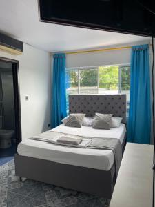 巴兰卡韦梅哈HospedajeLR的一间卧室配有一张带蓝色窗帘的大床