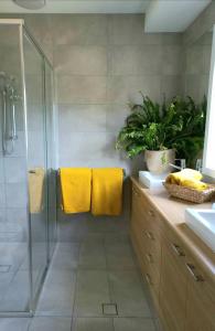 尤罗亚Kennedy House Euroa的带淋浴和黄色毛巾的浴室