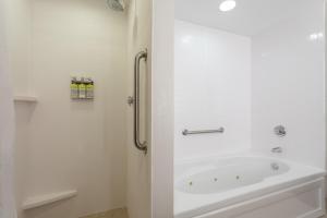克里斯特尔里弗水晶河快捷假日酒店的白色的浴室设有浴缸和淋浴。