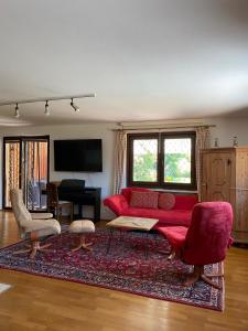 塞瓦尔兴Gemütliches Haus in Seewalchen am Attersee的客厅配有红色沙发和地毯。