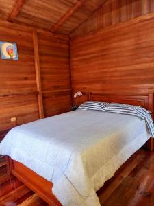 巴尼奥斯Paraiso Orquideario的木制客房内的一间卧室,配有一张床