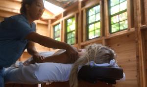 HueloPlumeria Room on a Lush Farm on Maui's North Shore的坐在床上的女人把头发梳完